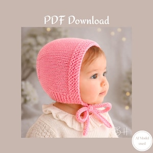 Puede incluir: Un gorro tejido de color rosa con un borde texturizado y lazos a juego para la barbilla. El gorro presenta un patr&oacute;n de punto jersey cl&aacute;sico en el cuerpo principal y un borde de punto bobo alrededor de la cara. El texto PDF Download es visible.