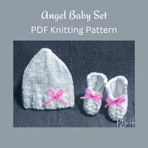 May include: A white knitted baby hat and matching booties set, decorated with pink bows. The set is displayed on a textured grey surface. Text on the image reads "Angel Baby Set PDF Knitting Pattern."
