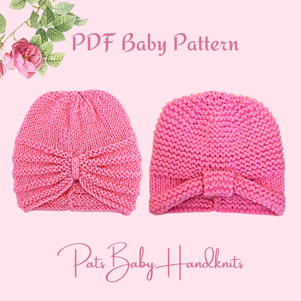 BABY Turban Hat Knitting Patterns, 2 Designs for Newborns, PDF Digital Downloads, Instructions written in full with no abbreviations