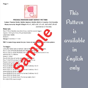 Puede incluir: Un documento titulado Preemie/Newborn Baby Bonnet Pattern con una ilustraci&oacute;n de un gorrito rosa. Enumera 5 tallas, medidas en pulgadas, materiales que incluyen agujas de 3,75 mm e instrucciones de tejido. Tiene una marca de agua roja que dice sample.