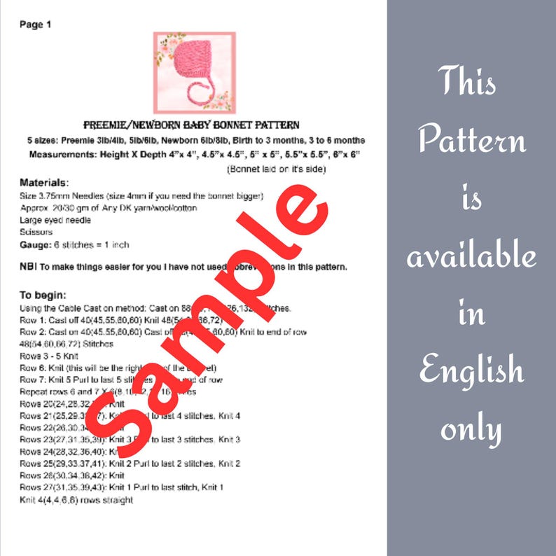 Puede incluir: Un documento titulado Preemie/Newborn Baby Bonnet Pattern con una ilustraci&oacute;n de un gorrito rosa. Enumera 5 tallas, medidas en pulgadas, materiales que incluyen agujas de 3,75 mm e instrucciones de tejido. Tiene una marca de agua roja que dice sample.