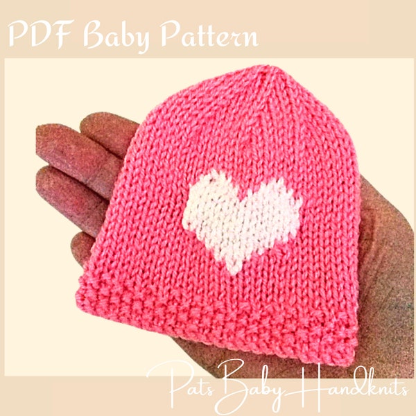 Baby Hat Knitting Pattern PDF Digital Download 3 sizes: Preemie to Newborn, heart design, detailed instructions no abbreviations