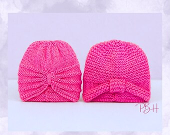 Strickmuster für Baby-Turbanmützen, 2 Designs für Neugeborene, PDF-Download, Stricknadeln gerader Länge und DK-Garn, Mützenmuster für Neugeborene