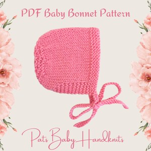 Puede incluir: Un gorrito de beb&eacute; tejido en color rosa brillante con un borde texturizado y lazos a juego. El texto PDF Baby Bonnet Pattern y Pats Baby Handknits aparece en rosa, enmarcado por ilustraciones florales rosas a los lados.