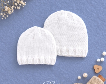 Patrón de gorro para bebé prematuro/recién nacido, descarga digital en PDF, escrito en su totalidad, sin abreviaturas, nivel de dificultad: fácil, lana DK con agujas rectas