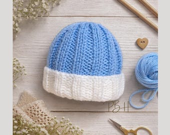 Ribbed Baby Hat Knitting Pattern, 4 Sizes, Straight Needles, DK Wool (PDF Download)
