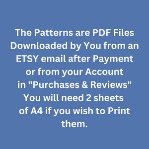 Peut inclure: Texte blanc sur fond bleu. Il est &eacute;crit : "Les mod&egrave;les sont des fichiers PDF t&eacute;l&eacute;charg&eacute;s par vous &agrave; partir d'un e-mail ETSY apr&egrave;s le paiement ou de votre compte dans 'Achats et avis'. Vous aurez besoin de 2 feuilles de A4 si vous souhaitez les imprimer."