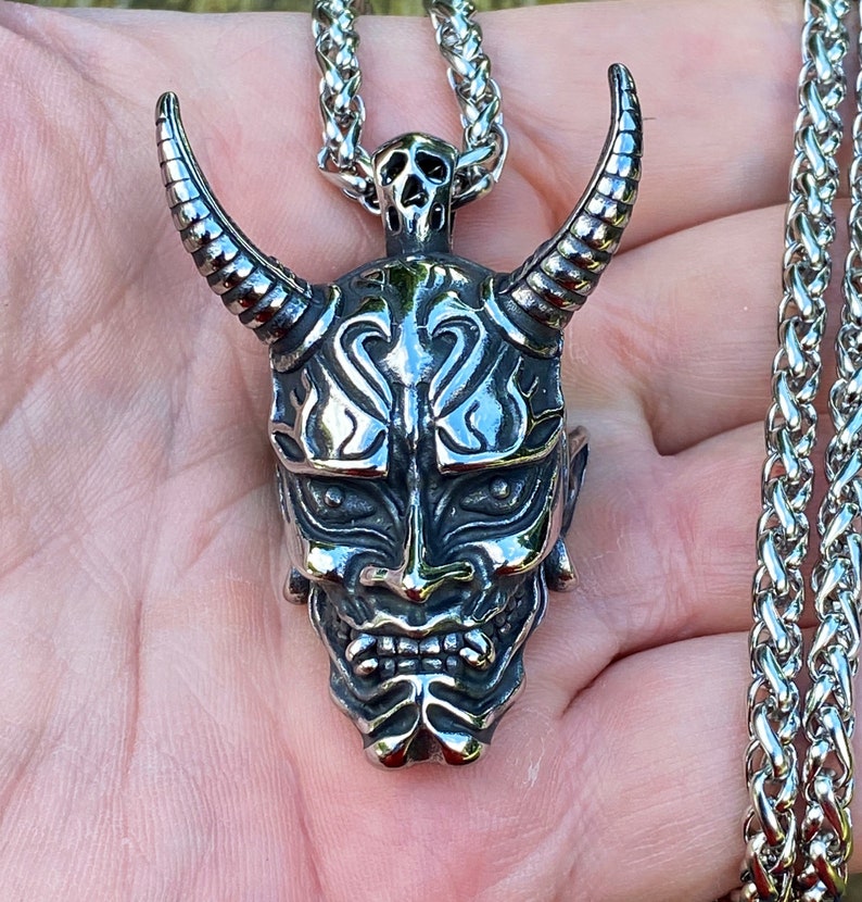 Heavy Large Stainless Steel Hannya Mask Pendant Necklace Etsy UK