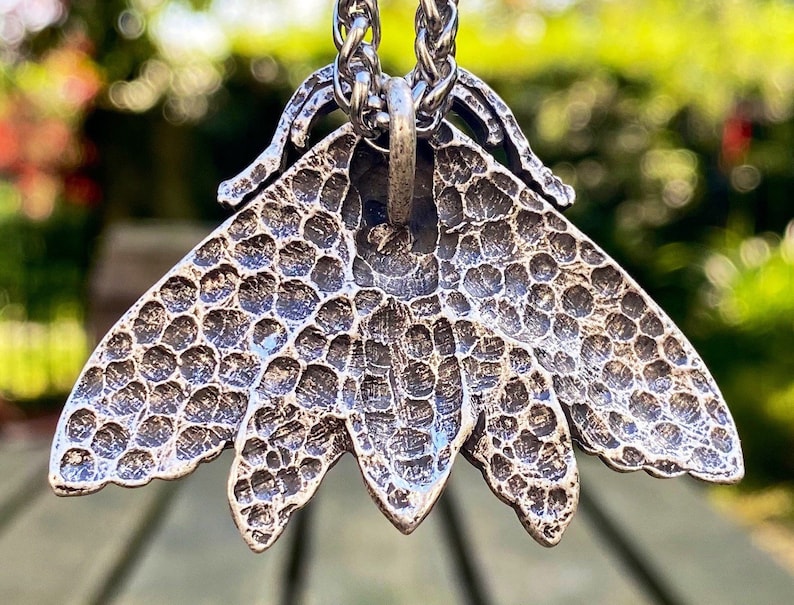 Antiqued Silver Plate Death Head Skull Hawk Moth Pendant Necklace.