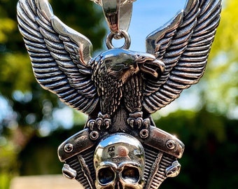 Large Heavy Stainless Steel Eagle On Skull Pendant Necklace