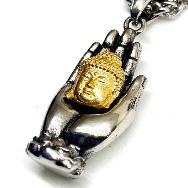 Antiqued Gold Plate And Stainless Steel Hand Of Buddha Pendant Necklace