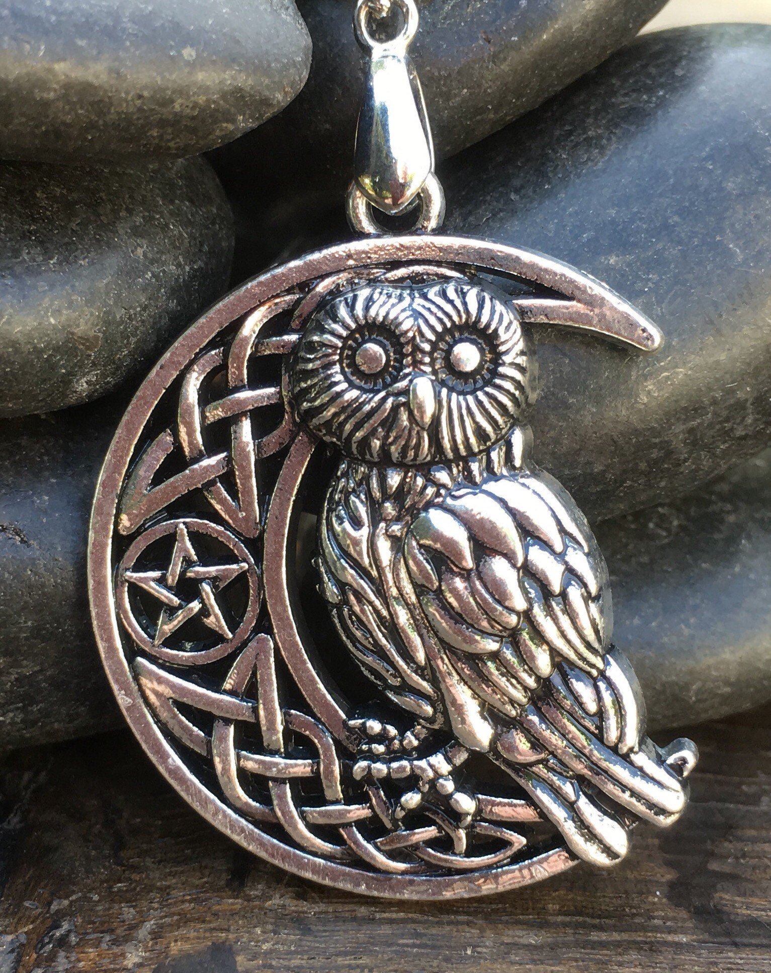 Antiqued Silver Plate Celtic Viking Owl Pendant Necklace