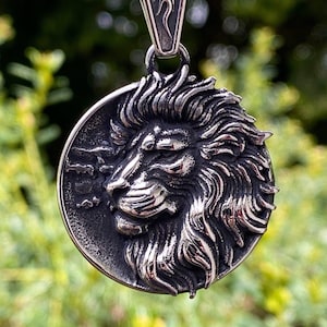 Double Sided Antiqued Steel Lion Pendant Necklace