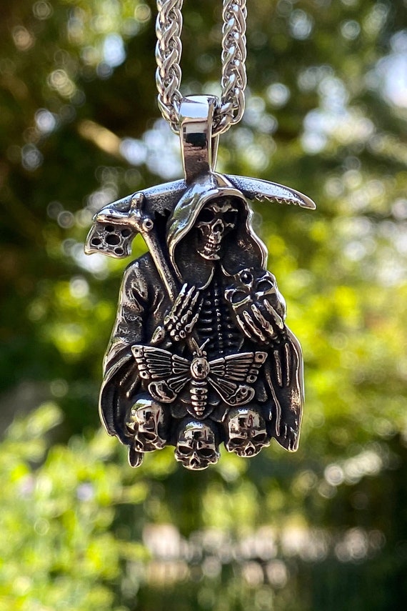 Double Sided Stainless Steel Grim Reaper Pendant Necklace Etsy