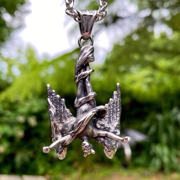 Large 3 Dimensional Stainless Steel Fallen Angel From Heaven Pendant Necklace