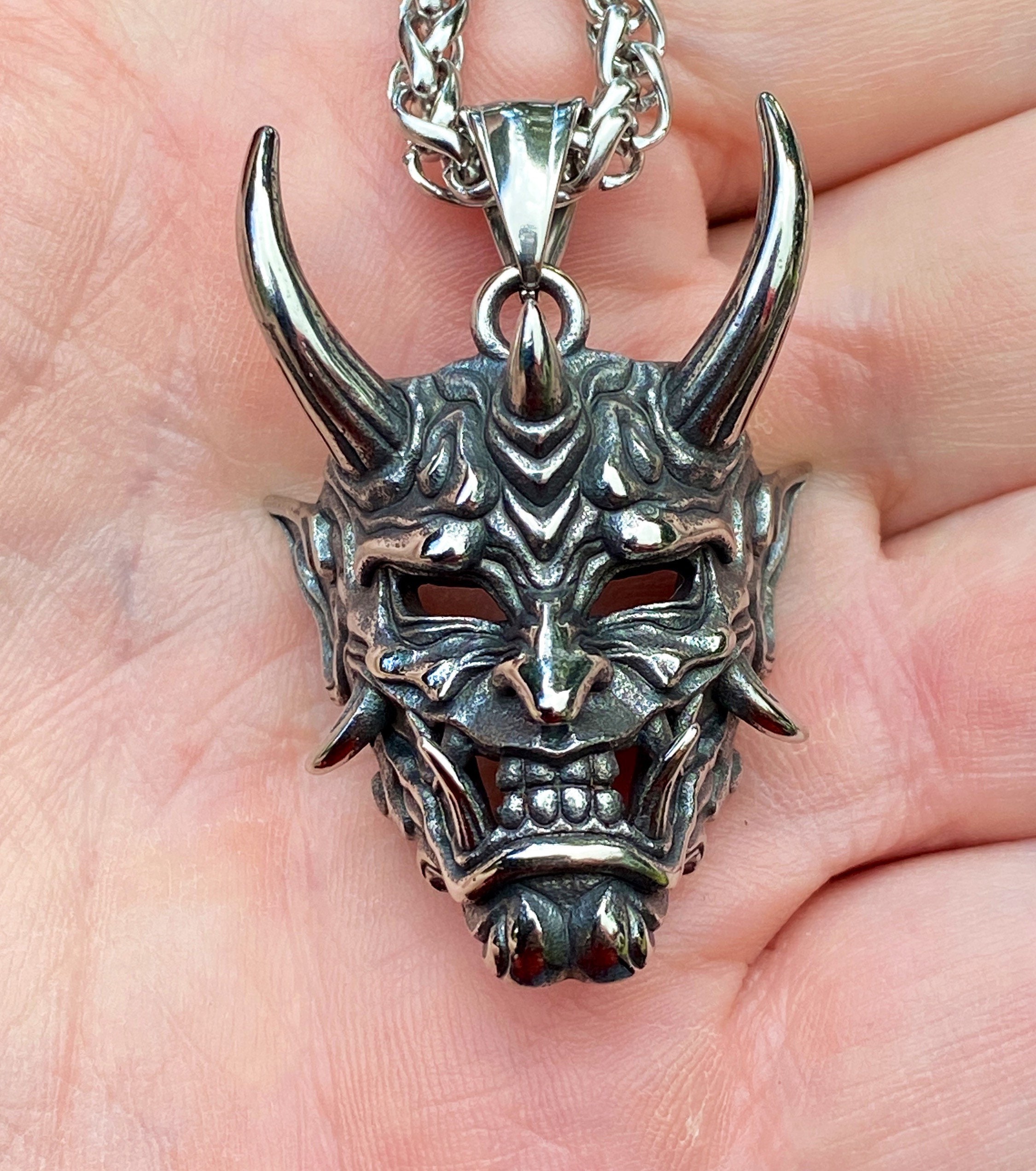 Stainless Steel Hannya Mask Pendant Necklace Etsy