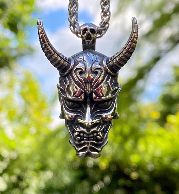 Heavy Large Stainless Steel Hannya Mask Pendant Necklace Etsy UK