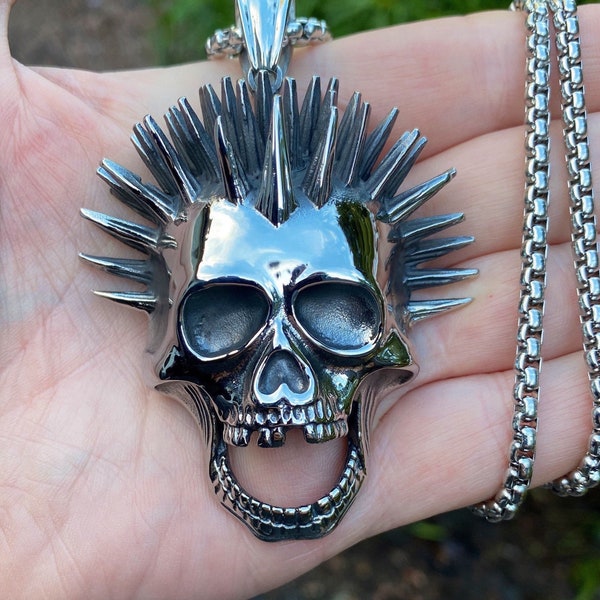 Huge Heavy Stainless Steel Skull Pendant Necklace