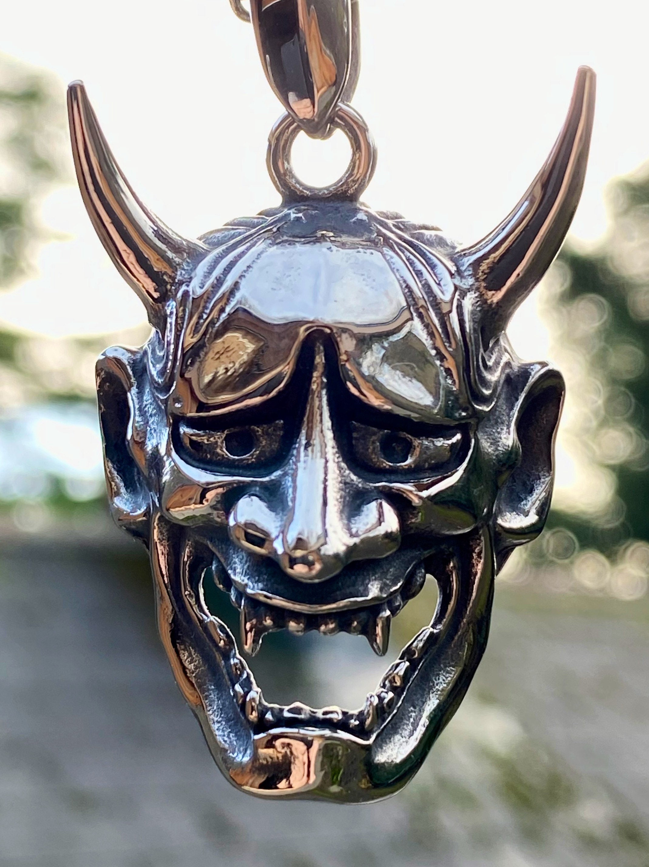 Large Silver Plate On Steel Hannya Mask Pendant Necklace Etsy
