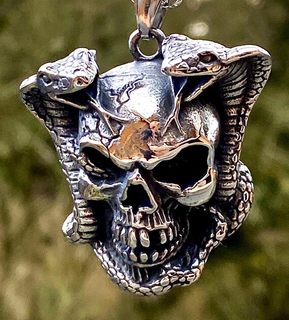 Large Stainless Steel Double Snake and Skull Pendant Necklace