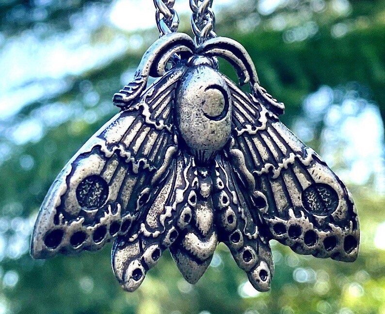 Antiqued Silver Plate Death Head Skull Hawk Moth Pendant Necklace.