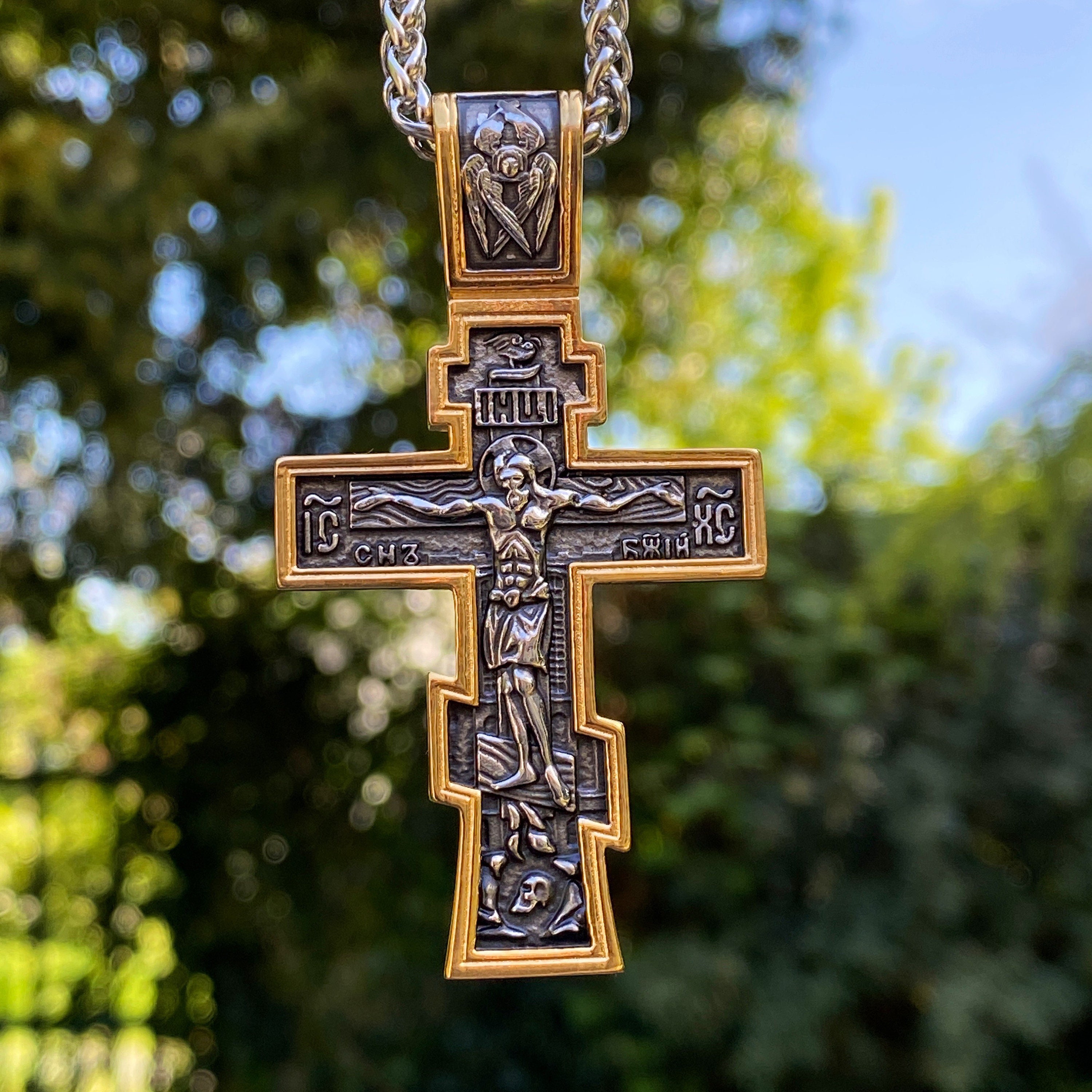 Large Antiqued Gold Plate and Stainless Steel Crucifix Pendant