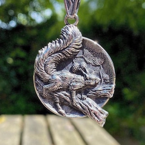 Double Sided Antiqued Steel Squirrel Pendant Necklace