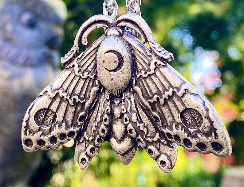 Antiqued Silver Plate Death Head Skull Hawk Moth Pendant Necklace.