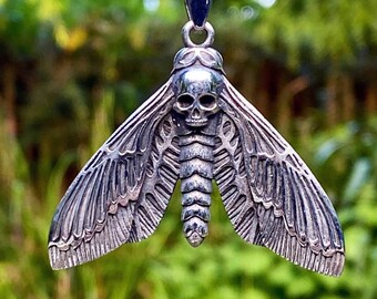 Steel Death Head Skull Hawkmoth Pendant Necklace.