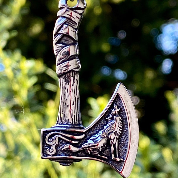 Double Sided Stainless Steel Viking Axe Pendant Necklace - Fenrir Wolf