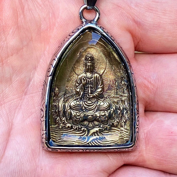 Large Gold Plate And Stainless Steel Buddha Pendant Necklace