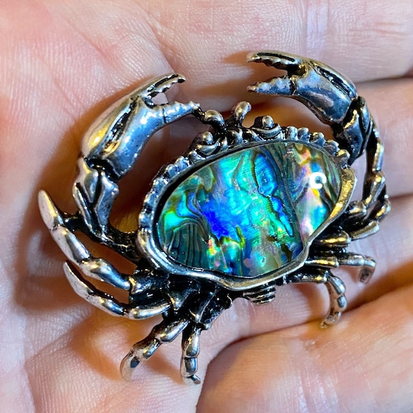 Large Abalone Shell And Silver Plate Crab Brooch / Crab Pendant