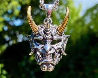 Stainless Steel And Gold Plate Hannya Mask Pendant Necklace