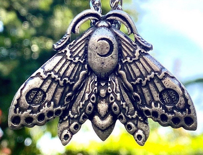 Antiqued Silver Plate Death Head Skull Hawk Moth Pendant Necklace.
