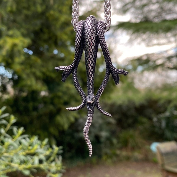 Large 3 Dimensional Trio Of Steel Snakes Pendant Necklace