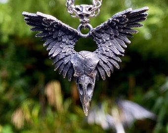 Oxidised Stainless Steel Winged Raven Skull Pendant