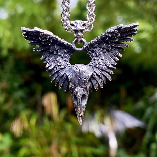 Oxidised Stainless Steel Winged Raven Skull Pendant