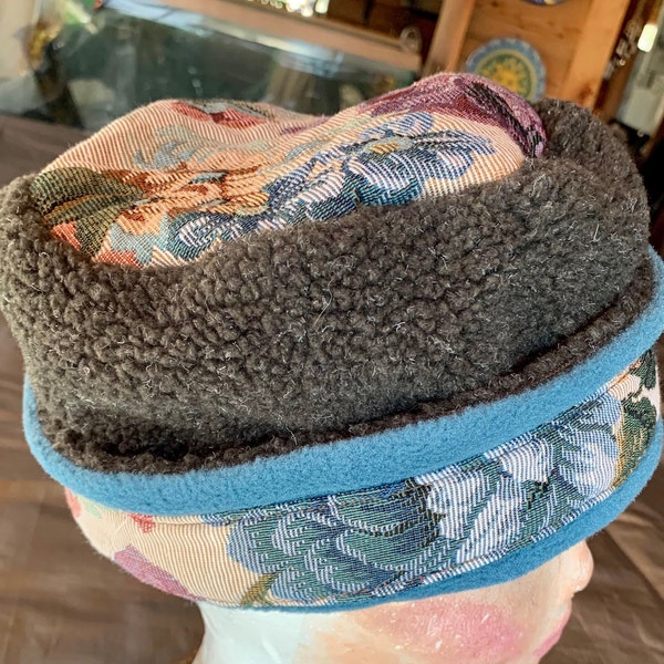 DIGME Ladies polar fleece and bur bur tapestry  hat. Elegant blue polar fleece warm winter designer hat made in Jackson Hole WY