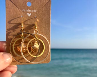 Golden Scallop Shell Hoop Earrings -Handmade Beachy earrings - Layered Brass Coastal Jewelry