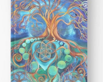 Tree of Life-dagboek – Notitieboek heilige geometrie met hartchakrakunst, omslag Flower of Life, op de natuur geïnspireerd spiritueel cadeau