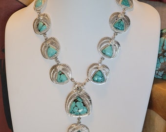 Turquoise Lariat necklace in sterling silver western style handcrafted heritage jewelry for woman birthday anniversary special gift