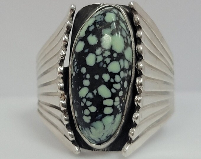 New Lander ring, Chalcosiderite cabochon, Spiderweb turquoise ring, natural stone jewelry, Handcrafted Southwest Jewelry.