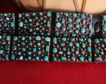 Vintage Concho belt, sterling with turquoise clusters, black leather blue green turquoise concho belt.