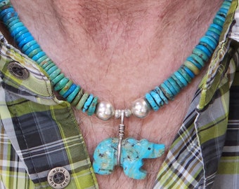 Bear fetish turquoise pendant necklace, blue beaded turquoise, spring jewelry