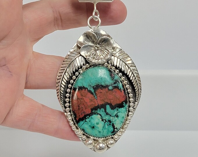 Featured listing image: Sonora Sunrise Pendant, Kingman pyrite turquoise, Sterling Silver Flower pendant, Handcrafted Southwest cuprite jewelry.