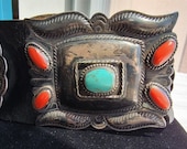 Turquoise Coral Leather belt, Large old Pawn Navajo Belt, Antique Silver repousse Concho Belt