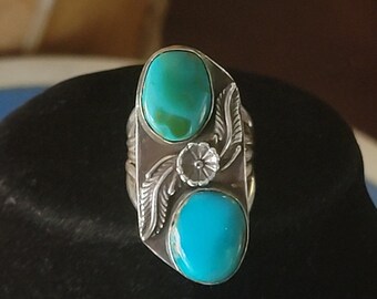 Multi stone turquoise ring, Large sterling band, Blue and green Royston Turquoise cabochons, Size 9.75 ring, handcrafted southwest jewelry.
