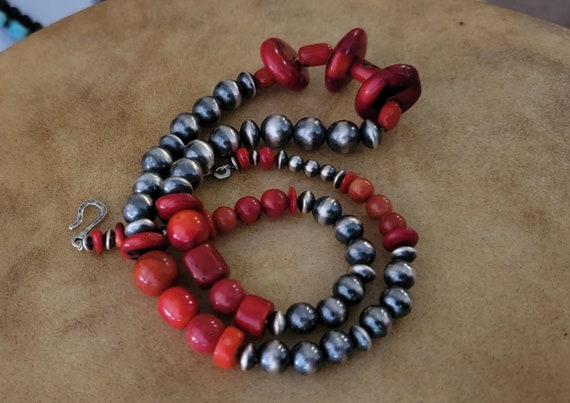 Vintage Coral Silver Bead Necklace - Bohemian Sty… - image 9