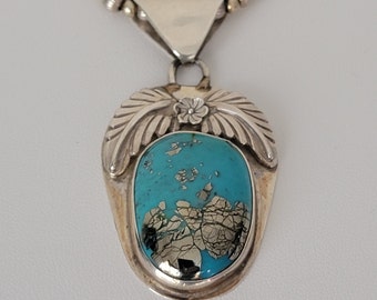 Large turquoise sterling pendant, Handmade baby blue pyrite turquoise jewelry, Southwest turquoise pendant gift.