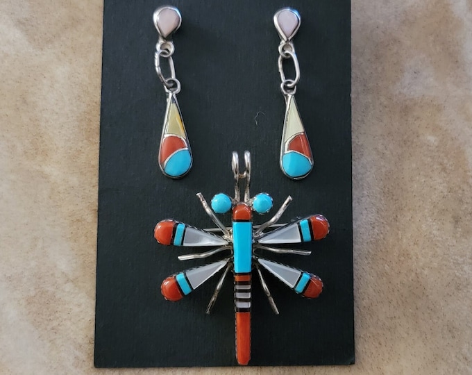 Vintage dragonfly brooch, Zuni turquoise inlay jewelry set, with matching drop Earrings,